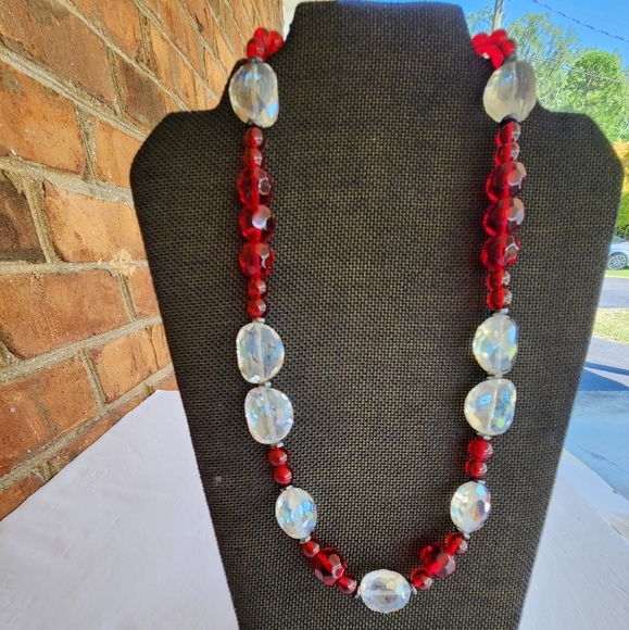 Hand Crafted Necklace Crystal Hematite Glass Beads Clear Red 23" Length - Picture 1 of 8